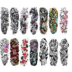 14 Pcs Full Arm Temporary Tattoo Stickers, Waterproof Temporary Tattoo,Black Body Tattoo Stickers For Women,Men,Halloween,Party,Masquerade