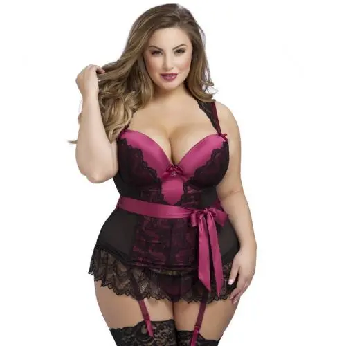 Worldgirl Plus Size Moonlight Black Plunge Basque Set