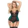 Seven 'til Midnight Plus Size Green Flocked Mesh and Lace Bustier Set