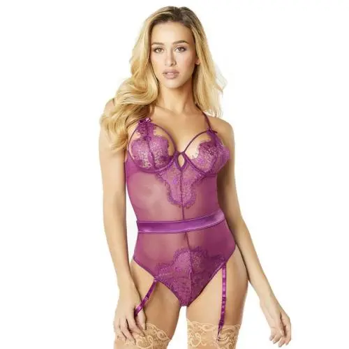 Oh La La Cheri Magenta Eyelash Lace Suspender Body