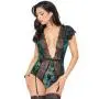Seven 'til Midnight Green Flocked Mesh and Lace Plunge Body