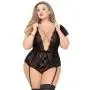 Seven 'til Midnight Plus Size Black Flocked Mesh and Lace Plunge Body