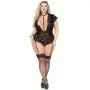 Seven 'til Midnight Plus Size Black Flocked Mesh and Lace Plunge Body