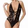 Passion Black Wet Look and Lace Deep Plunge Body