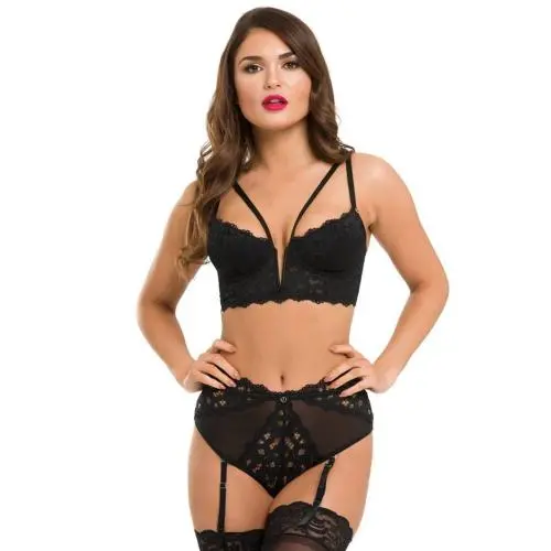 Worldgirl Parisienne Black Plunge Longline Bra and Crotchless Thong Set Worldgirl Parisienne Black Plunge Longline Bra and Crotchless Thong Set