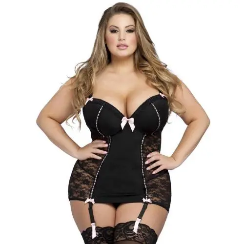 Worldgirl Plus Size Seduce Me Black Push-Up Chemise Set