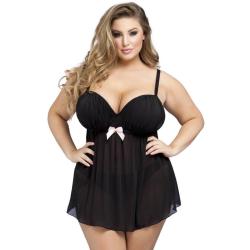 Worldgirl Plus Size Barely There Black Push-Up Babydoll Set