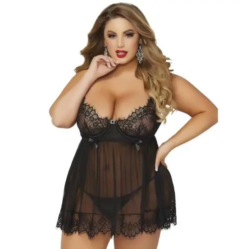 Seven 'til Midnight Plus Size Black Underwired Babydoll Set Seven 'til Midnight Plus Size Black Underwired Babydoll Set