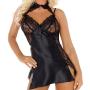 Beauty Night Black Side Slit Satin and Lace Choker Chemise