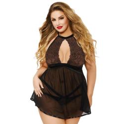 Seven 'til Midnight Plus Size Black Keyhole Front Babydoll Set