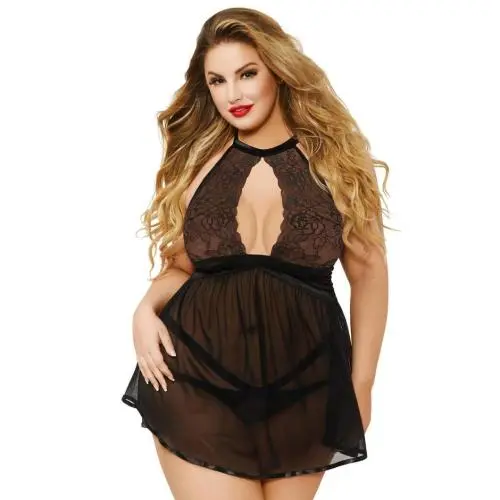 Seven 'til Midnight Plus Size Black Keyhole Front Babydoll Set Seven 'til Midnight Plus Size Black Keyhole Front Babydoll Set