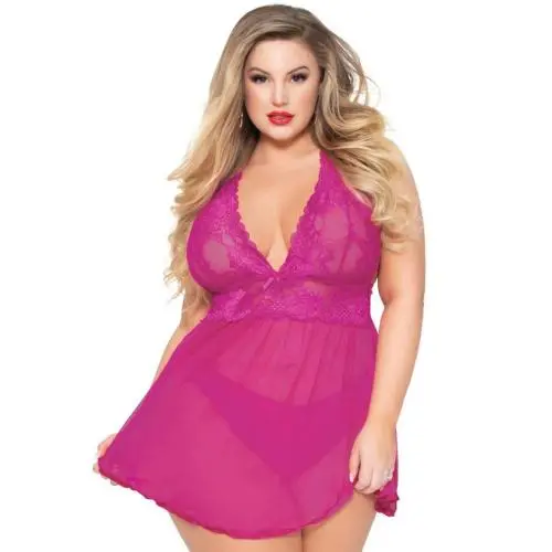 Seven 'til Midnight Plus Size Pink Lace and Mesh Babydoll Set Seven 'til Midnight Plus Size Pink Lace and Mesh Babydoll Set