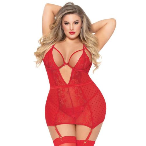 Seven 'til Midnight Plus Size Red Heart Mesh Chemise Set