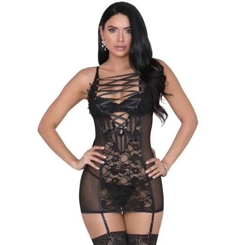 iCollection Sheer Black Lace-Up Chemise Set iCollection Sheer Black Lace-Up Chemise Set