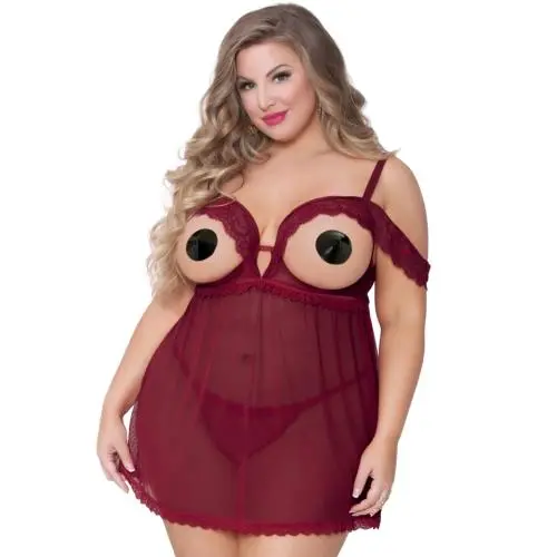 Seven 'til Midnight Plus Size Wine Open Cup Off-The-Shoulder Babydoll Seven 'til Midnight Plus Size Wine Open Cup Off-The-Shoulder Babydoll