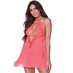 Dreamgirl Coral High Neck Lace and Mesh Babydoll