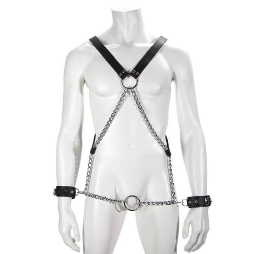 DOMINIX Deluxe Leather and Chain Harness with Cock Ring and Cuffs DOMINIX Deluxe Leather and Chain Harness with Cock Ring and Cuffs
