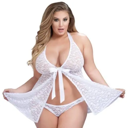 Worldgirl Plus Size Unwrap Me White Lace Babydoll