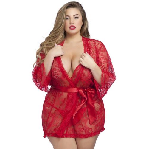 Worldgirl Plus Size Flaunt Me Red Lace Robe