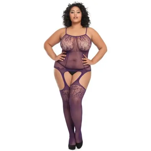 Worldgirl Plus Size Plum Fishnet and Lace Bodystocking