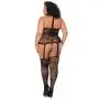 Worldgirl Plus Size Black Floral Lace Halterneck Suspender Bodystocking
