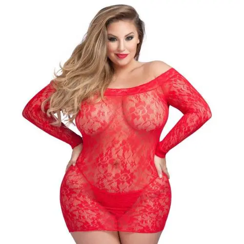 Worldgirl Plus Size Red Long Sleeve Lace Mini Dress Worldgirl Plus Size Red Long Sleeve Lace Mini Dress