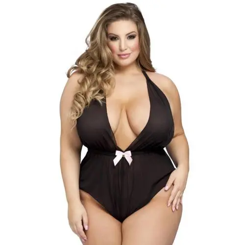 Worldgirl Plus Size Barely There Sheer Black Crotchless Teddy