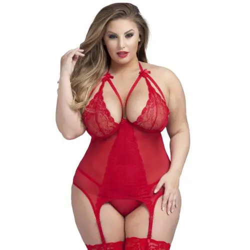 Worldgirl Plus Size Wild Romance Red Basque Set Worldgirl Plus Size Wild Romance Red Basque Set