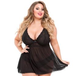 Worldgirl Plus Size Love Me Black Lace Soft Cup Babydoll Set