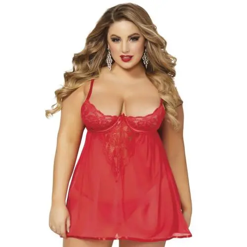 Seven 'til Midnight Plus Size Underwired 1/2 Cup Bow Back Babydoll Set Seven 'til Midnight Plus Size Underwired 1/2 Cup Bow Back Babydoll Set