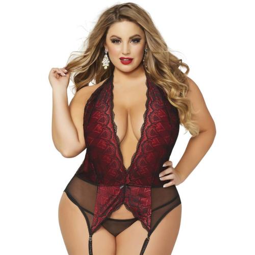 Seven 'til Midnight Plus Size Deep Plunge Suspender Chemise Set