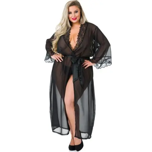 Worldgirl Plus Size Barely There Long Sheer Black Robe Worldgirl Plus Size Barely There Long Sheer Black Robe