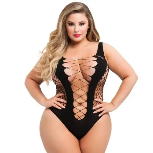 Worldgirl Plus Size Black Deep Plunge Fence Net Body