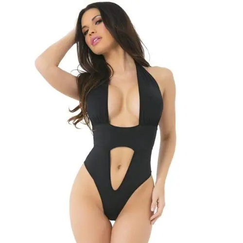 Pink Lipstick Black Deep Plunge Cut-Out Body