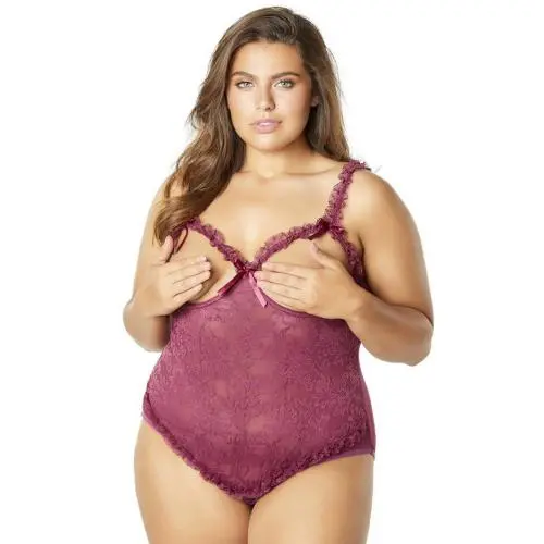 Oh La La Cheri Plus Size Magenta Open-Cup Crotchless Lace Body Oh La La Cheri Plus Size Magenta Open-Cup Crotchless Lace Body