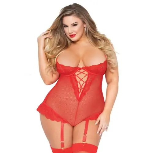 Seven 'til Midnight Plus Size Red Fishnet and Lace Body Set 
