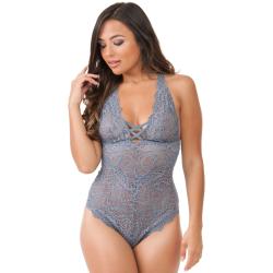 Worldgirl Grey Shimmering Criss-Cross Crotchless Lace Body