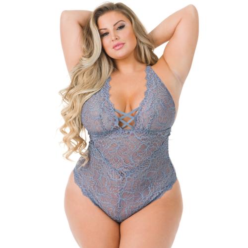 Worldgirl Plus Size Grey Shimmering Criss-Cross Lace Body Worldgirl Plus Size Grey Shimmering Criss-Cross Lace Body
