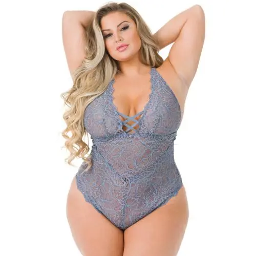 Worldgirl Plus Size Grey Shimmering Criss-Cross Lace Body