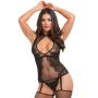 Worldgirl Black Fishnet and Lace Keyhole-Front Suspender Bodystocking