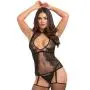 Worldgirl Black Fishnet and Lace Keyhole-Front Suspender Bodystocking