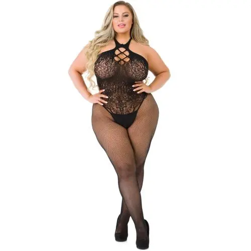 Worldgirl Plus Size Fishnet Halterneck Crotchless Bodystocking