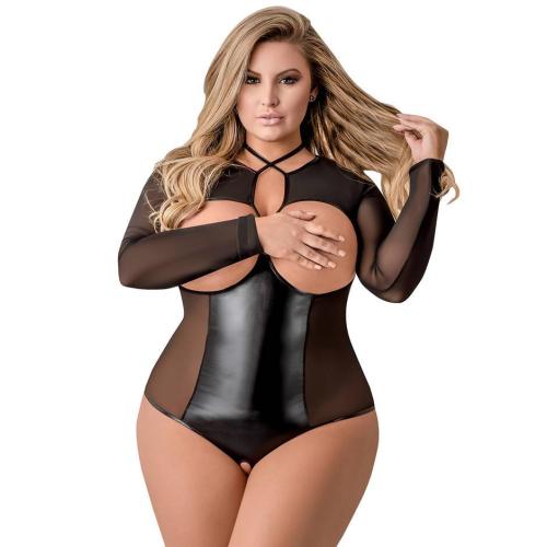 Exposed Plus Size Black Wet Look Open Cup Crotchless Body