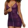 Dreamgirl Purple Front Zip Halterneck Mesh Chemise Set 