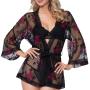 Seven 'til Midnight Black Floral Embroidered Short Robe